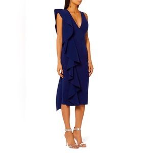 NWT NW Solace London Ceara V-Neck Sleeveless Ruffle Sheath Party Dress Navy